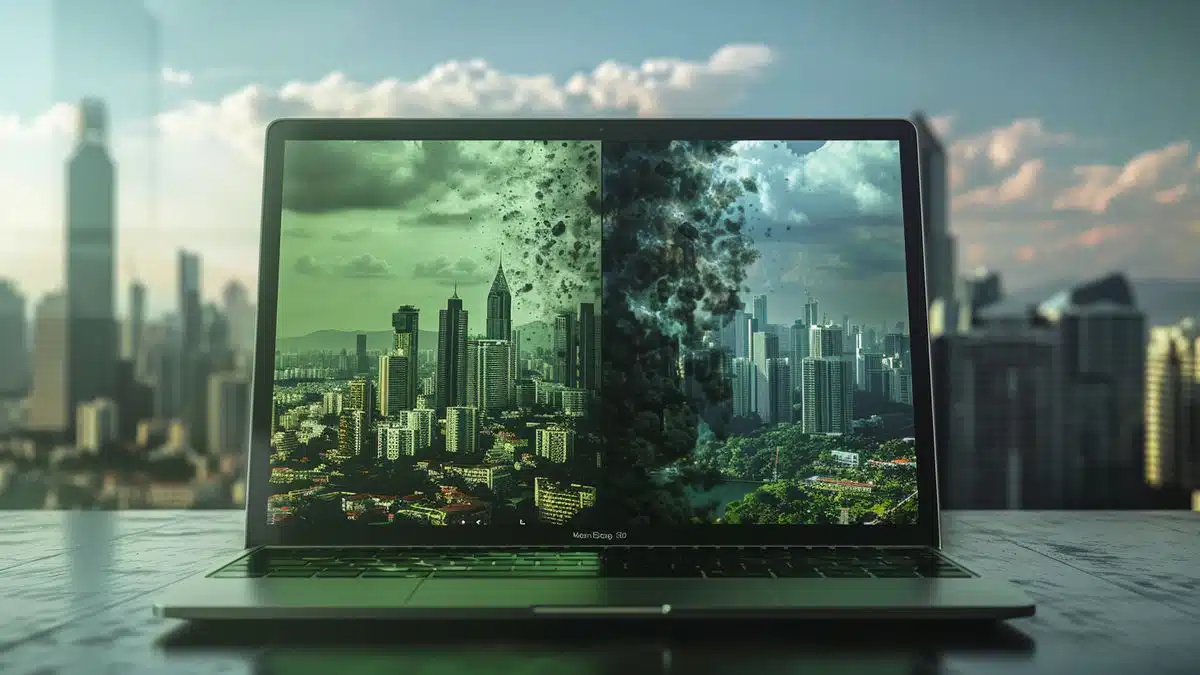 A laptop with a split image showing a polluted city and a green city.