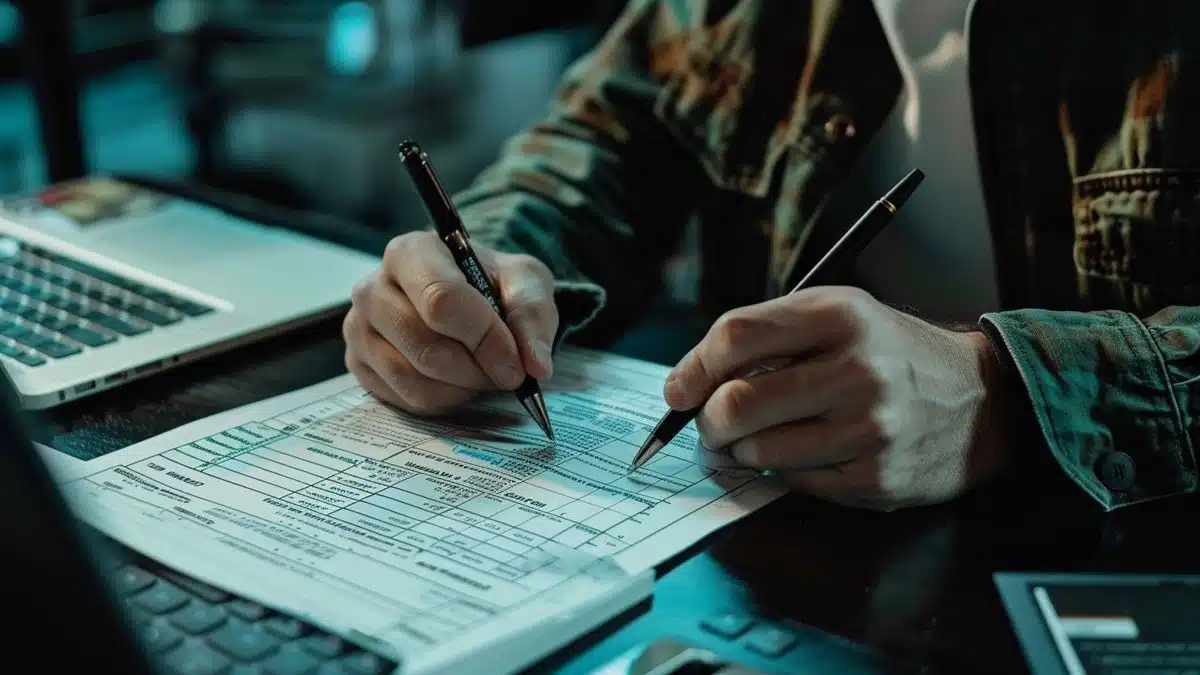 Closeup of a person filling out a tax form on cryptocurrency gains.