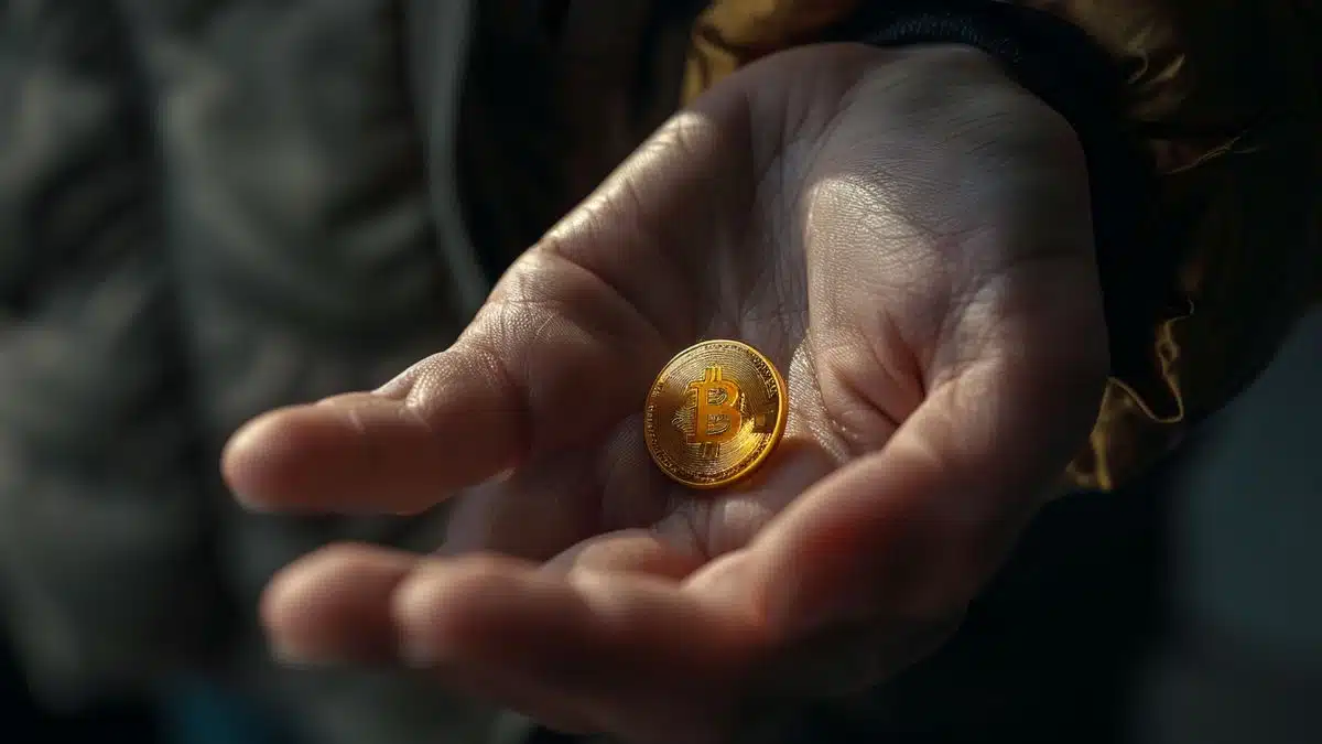 Person holding a physical token representing ether and dogecoin.