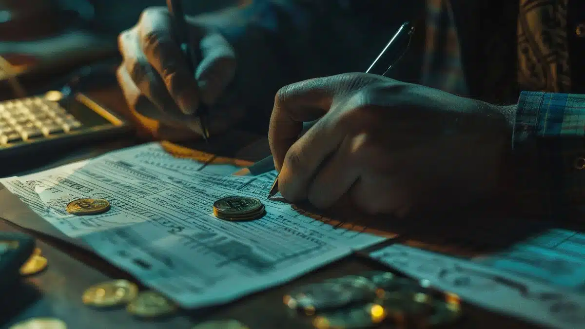 Closeup of a person calculating gains from cryptocurrency investments on paper.