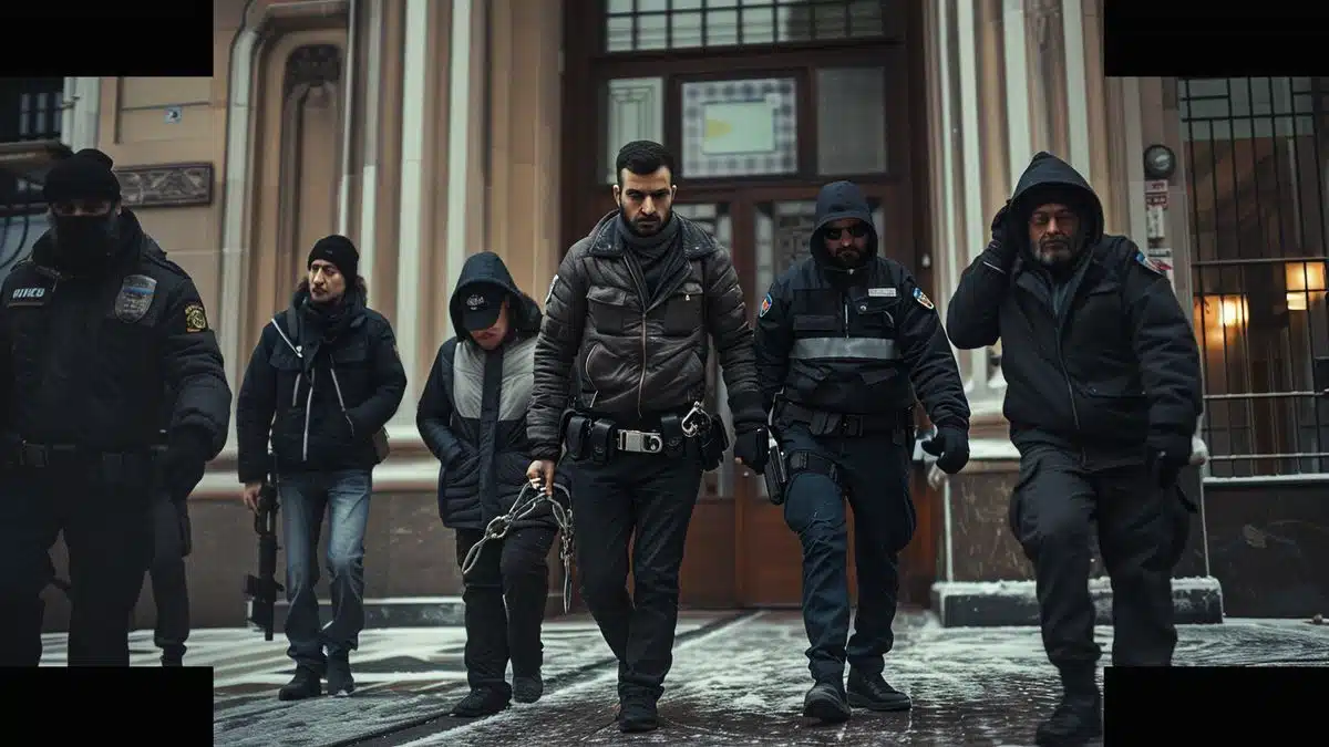 Onur Aksoy in handcuffs being escorted by police officers outside a courthouse.