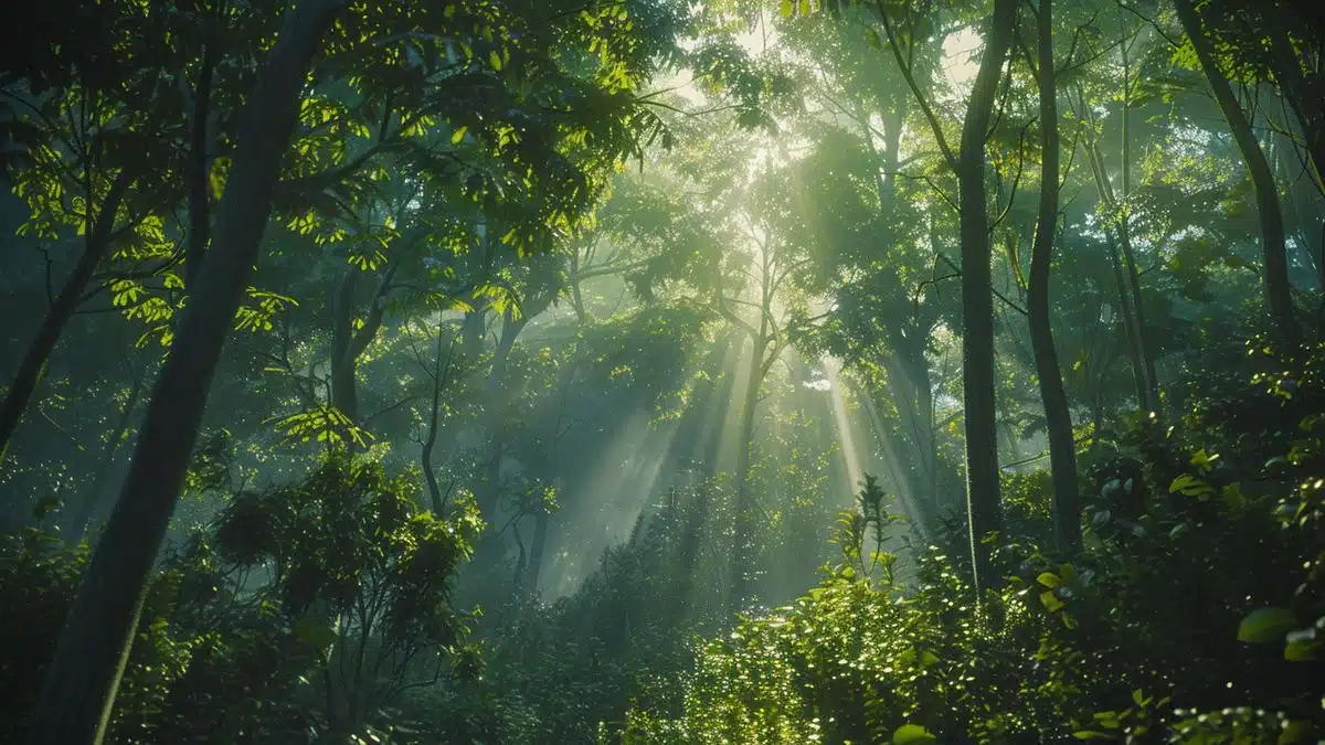 Lush green forest with sunlight filtering through the canopy of trees.