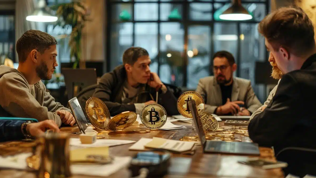 Group of investors exchanging ideas on the impact of cryptocurrencies on finance.