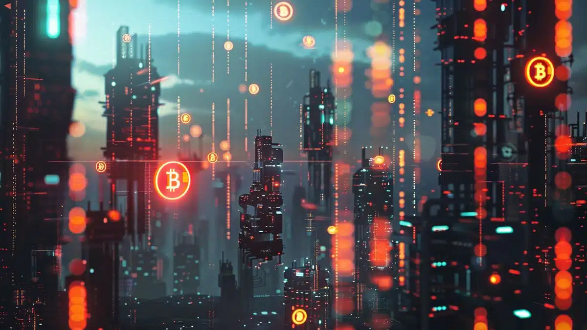 A futuristic city skyline with digital currency symbols floating in the air.