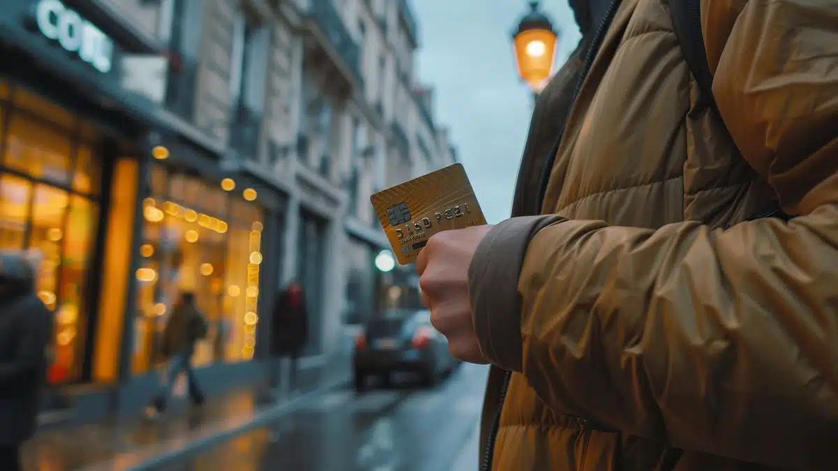 Person making a payment with a cryptocurrency credit card in Paris.