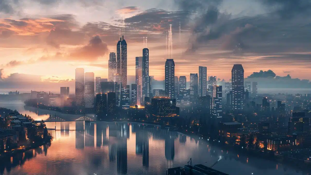 Futuristic city skyline with data centers implementing advanced PCIe technology.