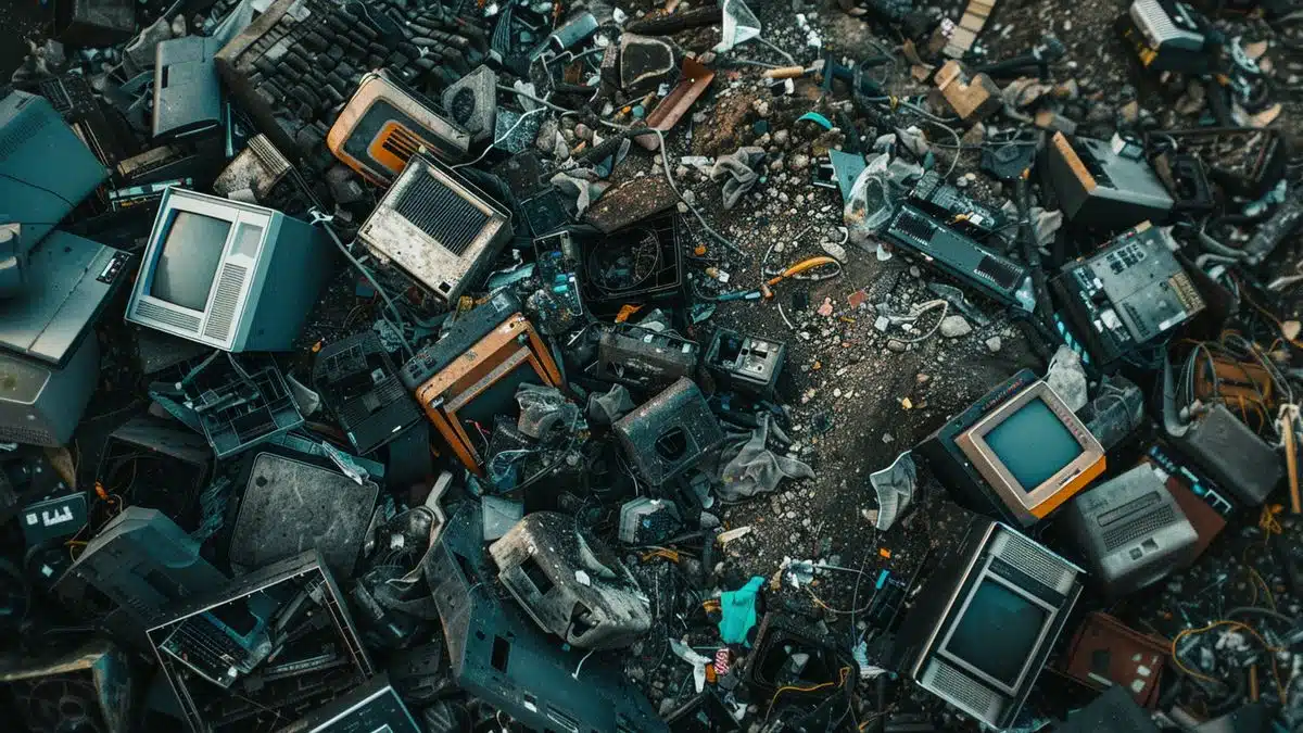 A landfill overflowing with discarded computer equipment and accessories.