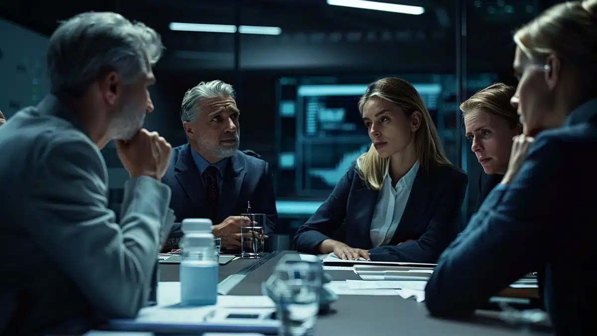 A group of people discussing data protection concerns in a meeting.