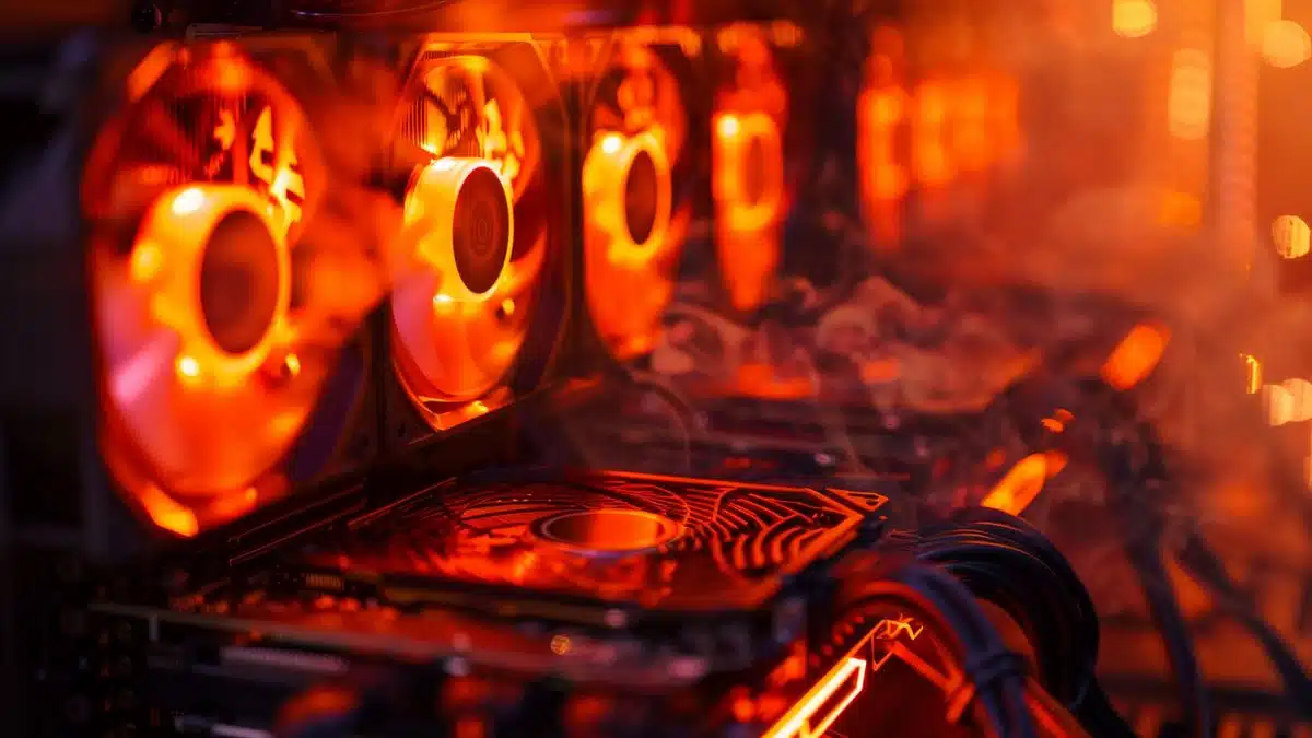 Closeup of a computer mining bitcoin, emitting heat and consuming energy.