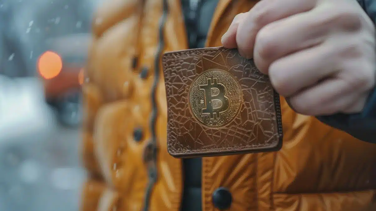 Closeup of a French individual proudly holding a cryptocurrency wallet.