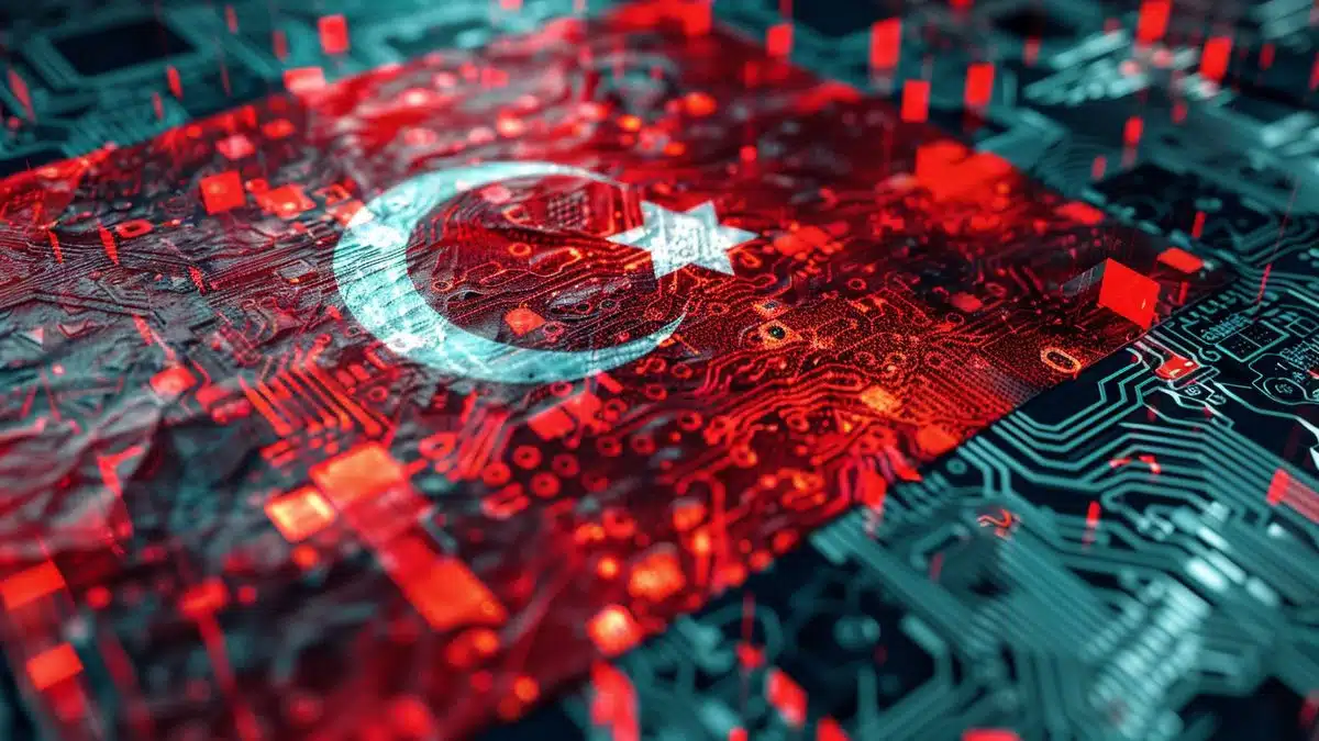 Closeup of a Turkish flag with a digital currency symbol overlay.