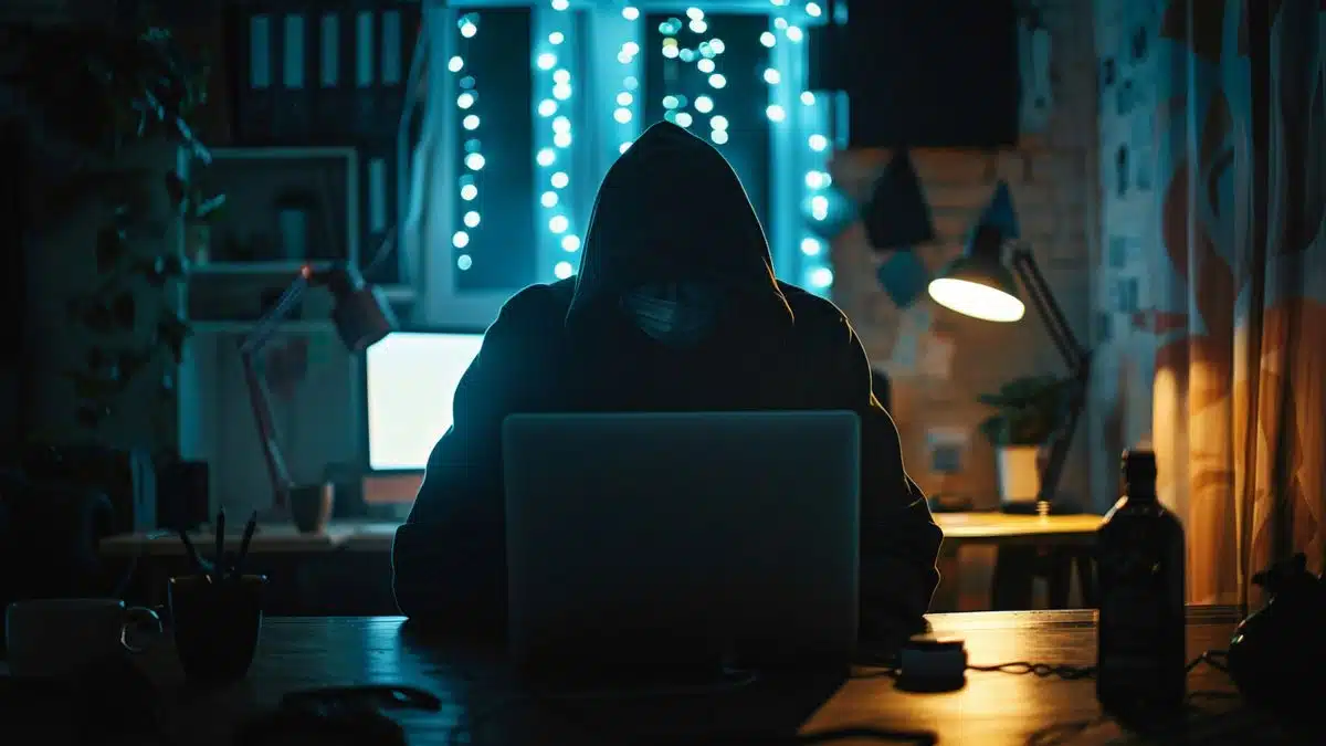 Hacker silhouette in a dark room attempting to breach confidential information.