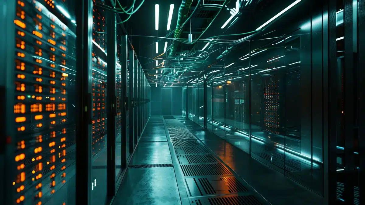 A futuristic data center with AI algorithms running on powerful servers.