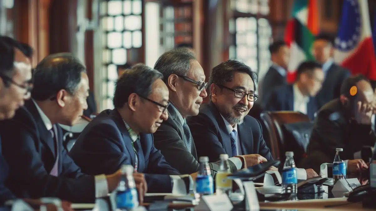 A group of international officials discussing cryptocurrency regulations at a summit.