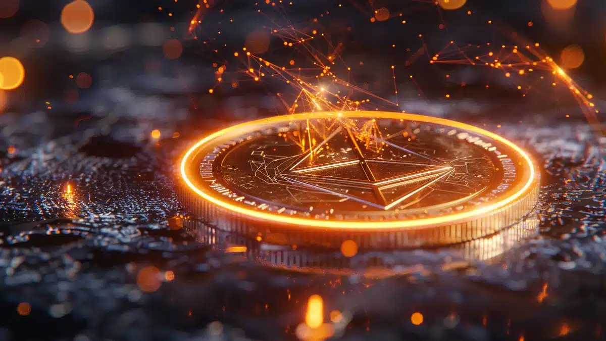 Ether coin surrounded by a glowing halo, symbolizing its rising value.