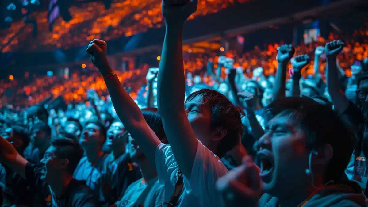 Fans cheering at a League of Legends tournament powered by Cisco.
