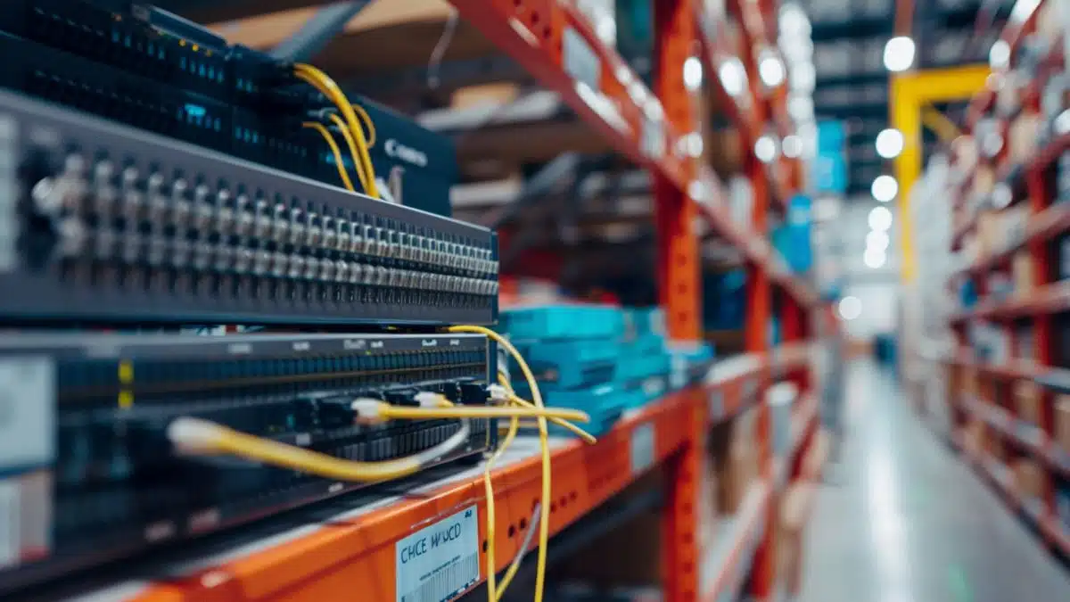Closeup of Cisco network equipment being stocked up in a warehouse.