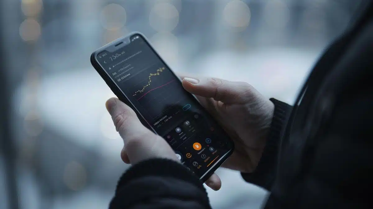Dłoń trzymająca smartfon z otwartą aplikacją do handlu kryptowalutami.