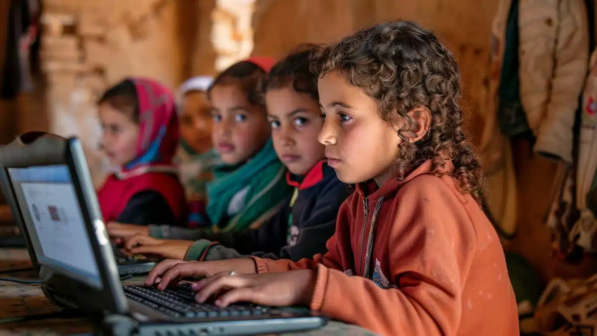 Маленькі діти навчаються цифровим навичкам за допомогою інтерактивних програм у Марокко.