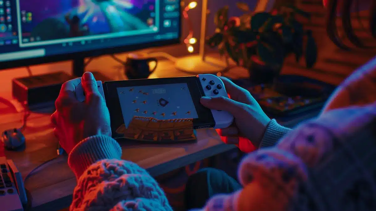 Hands holding a Nintendo Switch while connecting it to a computer.