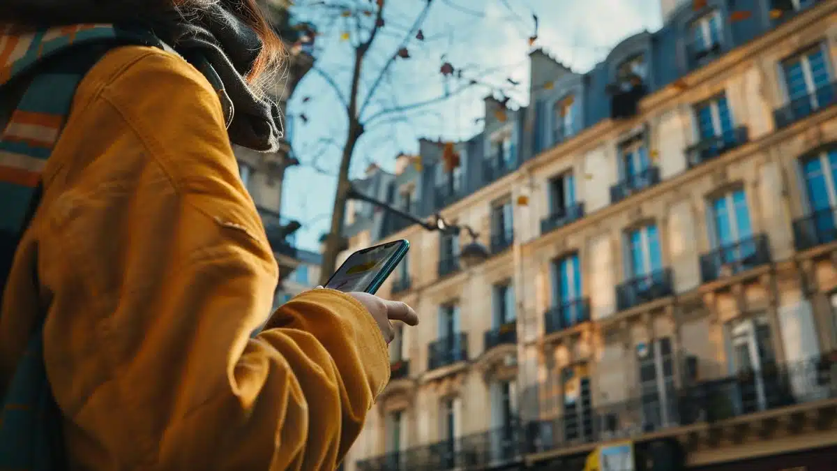 Easily stay informed with quick access to recent activities: A person leisurely scrolling through their phone's recent updates while enjoying a sunny day in Paris.