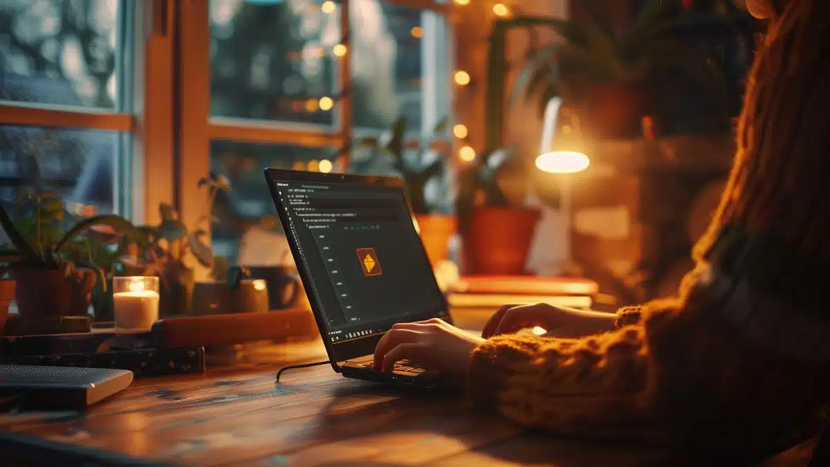 Person, die einen Laptop mit Linux-Logo verwendet und sich in einem gemütlichen Heimbüro auf den Bildschirm konzentriert.