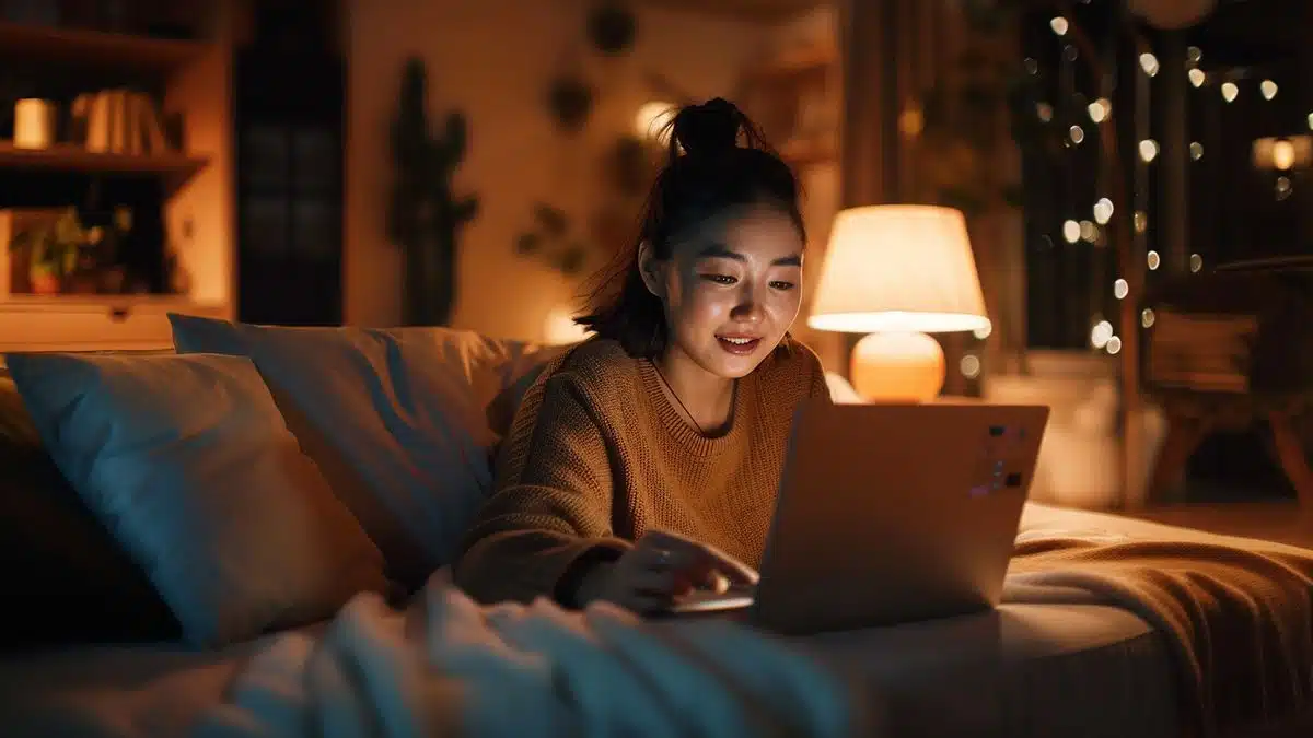 Woman happily using a Linux laptop in a cozy living room.