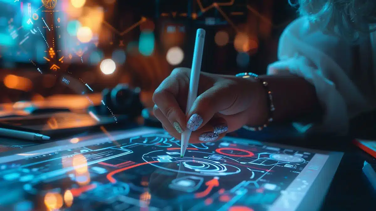 Person using a stylus to create custom designs on a digital interface