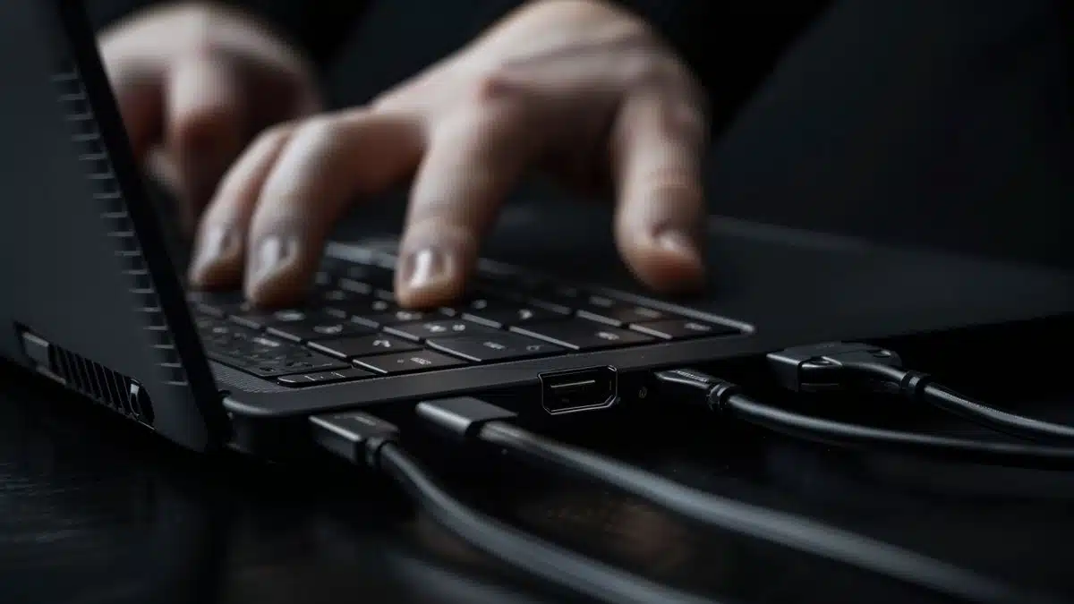 Hands plugging cables into the various connectivity ports of the Galaxy BookPro.