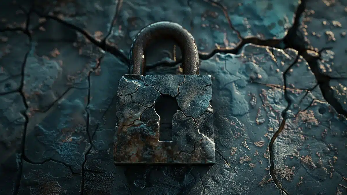 Digital padlock icon with cracks, symbolizing security vulnerability.