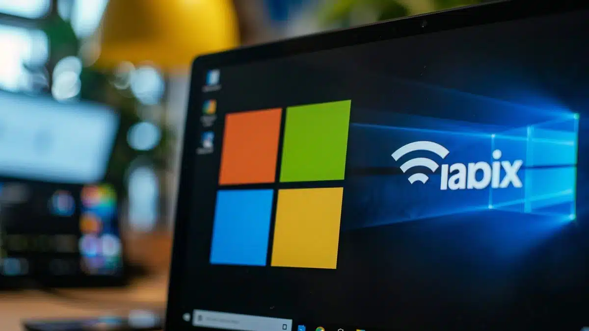 Microsoft logo on a computer screen with a WiFi symbol