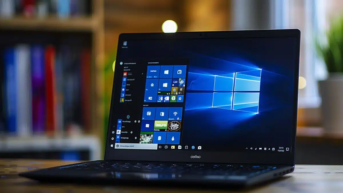 Windows laptop on a desk showing update notification.