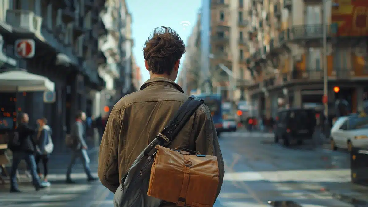 Man avoiding a sketchy WiFi network while walking in a busy city