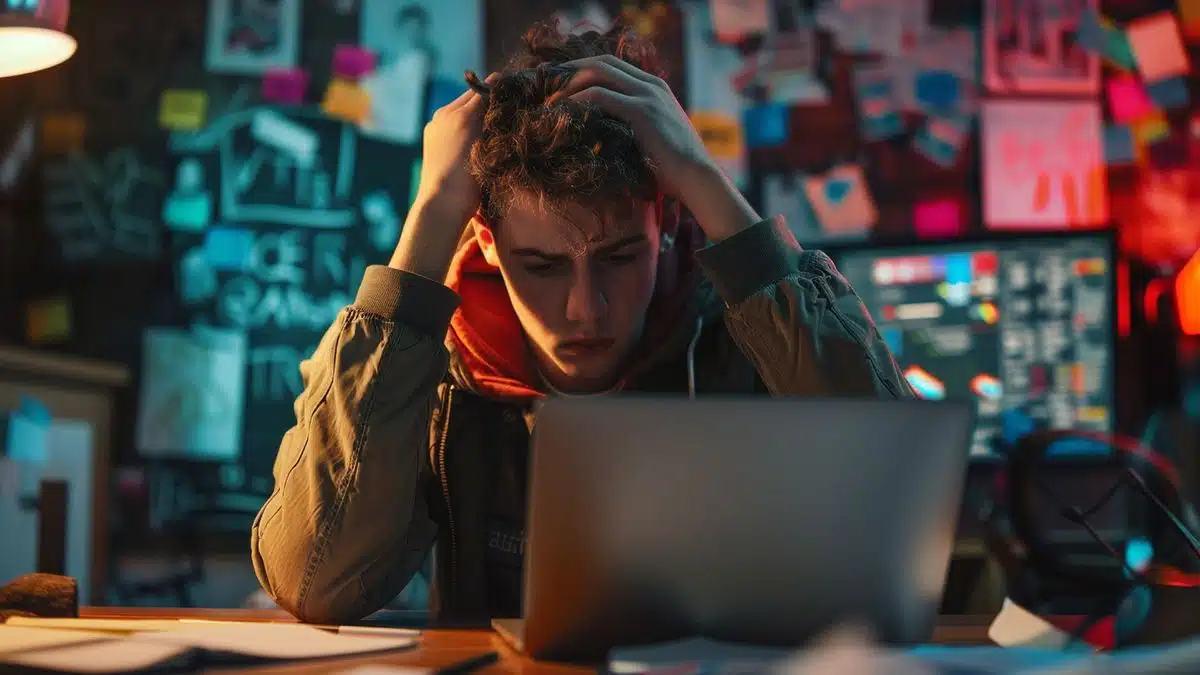 Overwhelmed student trying to complete assignments on a sluggish laptop