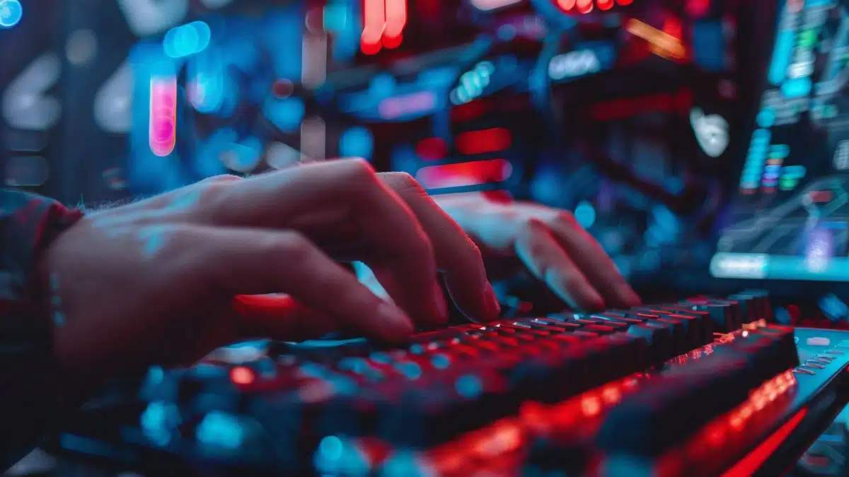 Closeup of a hacker installing Recall malware on a computer.