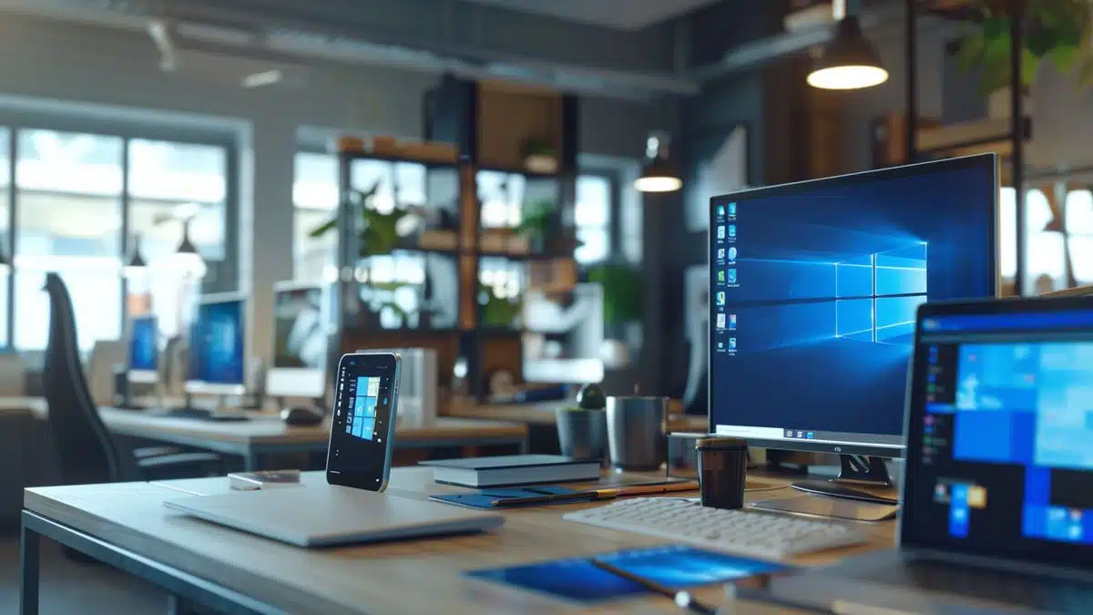 Windows logo displayed on multiple devices in a modern office