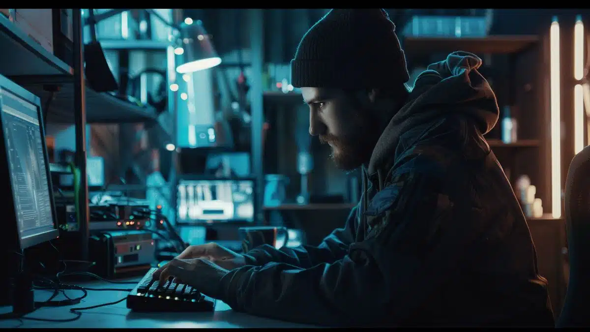 Hacker in a dark room typing on a keyboard to exploit the vulnerability