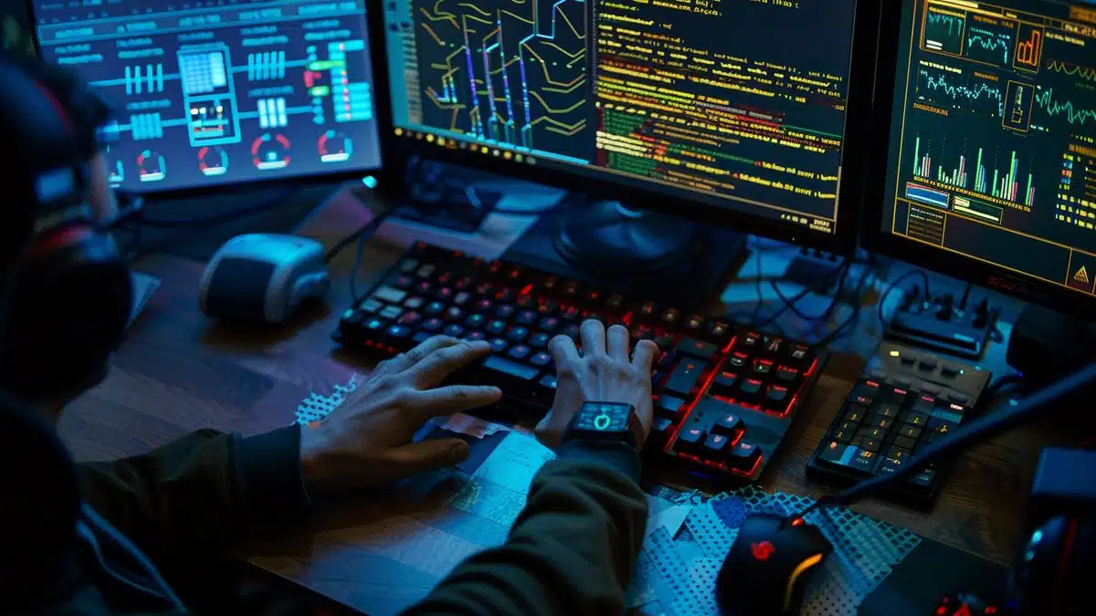 Hacker typing on a keyboard with multiple screens showing code and vulnerability alerts.