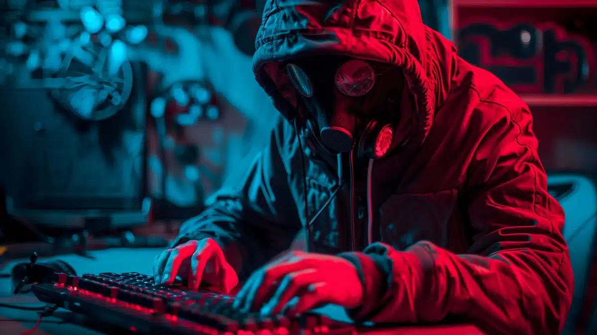 A hacker wearing a hood and mask, typing on a keyboard.