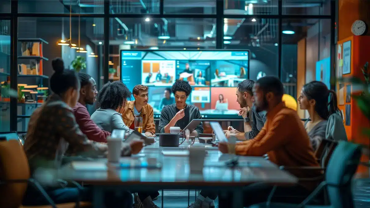 Microsoft employees brainstorming innovative ideas in a meeting room