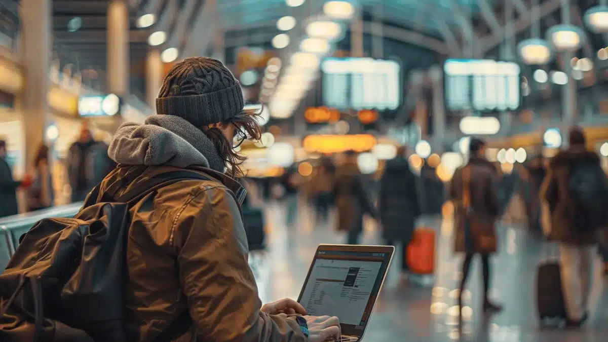 Person using a laptop in a crowded airport, unaware of risks