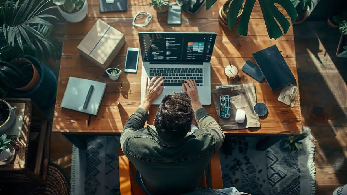 Overhead view of a user navigating the Windows taskbar