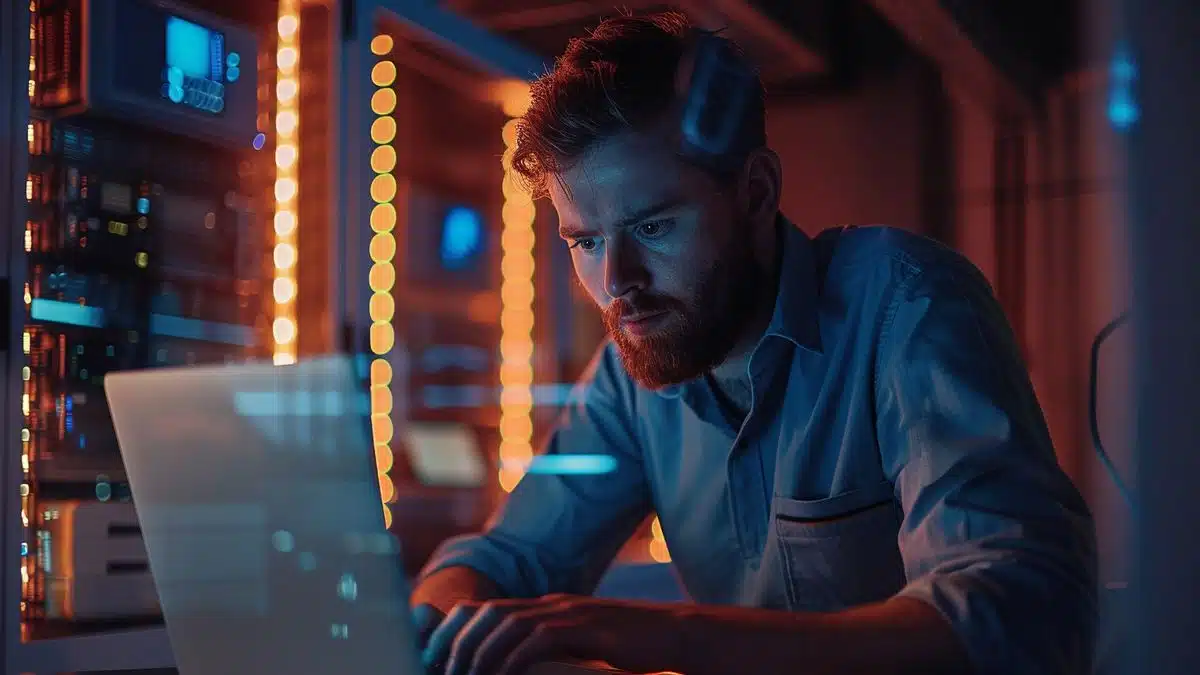 IT technician updating Windows Enterprise on a corporate laptop.