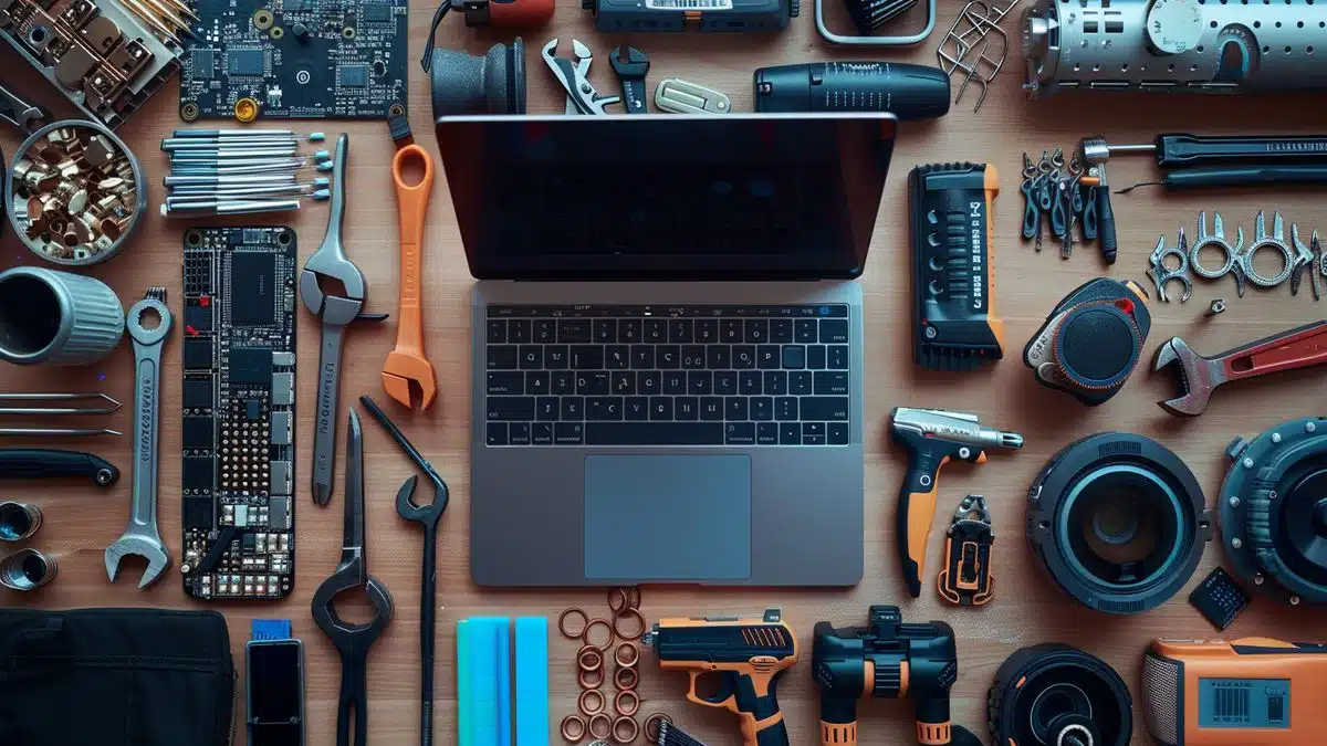 Top view of the Galaxy BookPro next to tools for repair, emphasizing its maintenance.