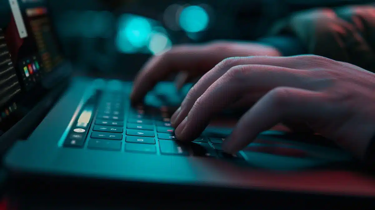 Closeup of a hand typing on a laptop to change WiFi password