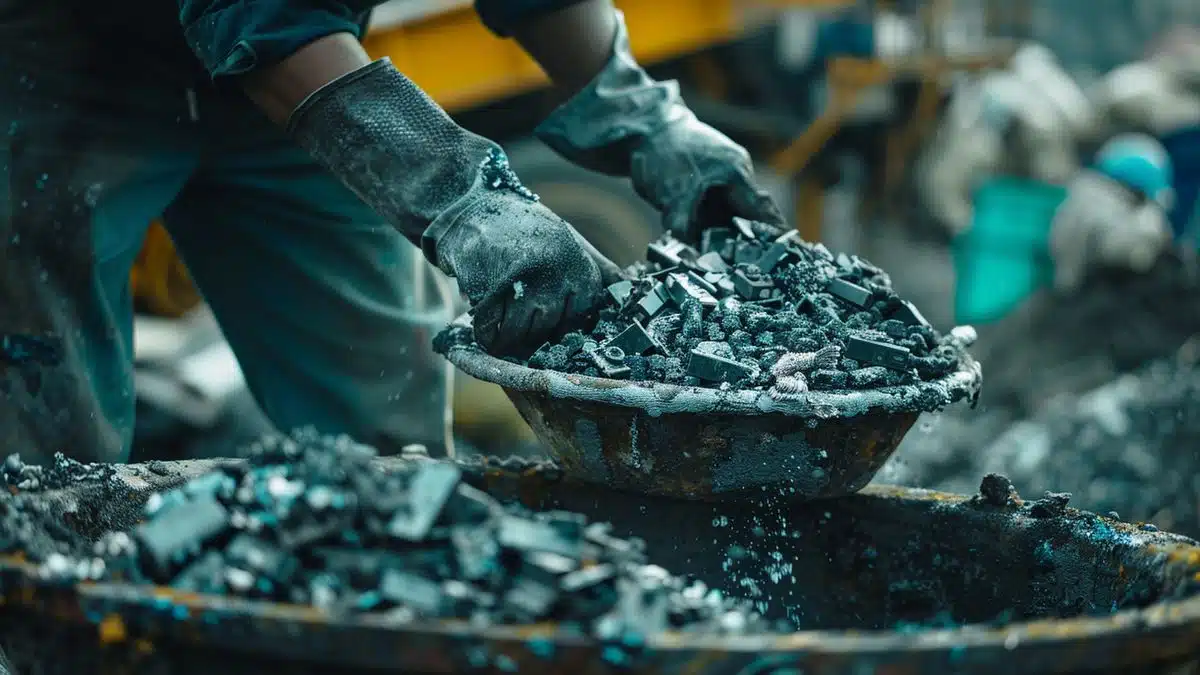 Closeup of workers mining and processing materials for new electronic devices.