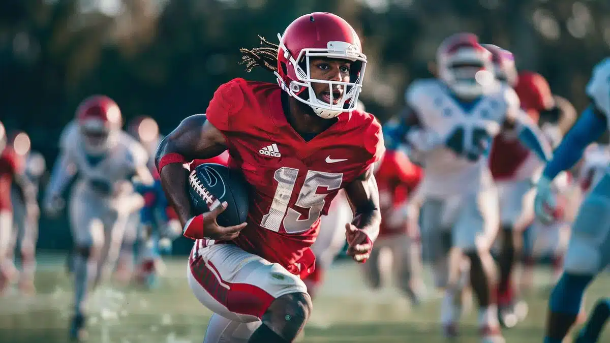 Andre Cisco running downfield during a highintensity game, intense expressions on all faces.