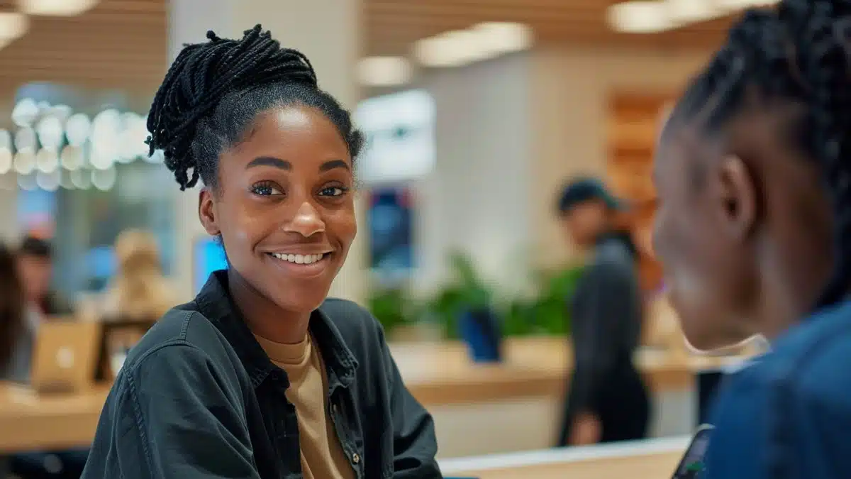 Customer service agent smiling while assisting a client at an Apple Store.