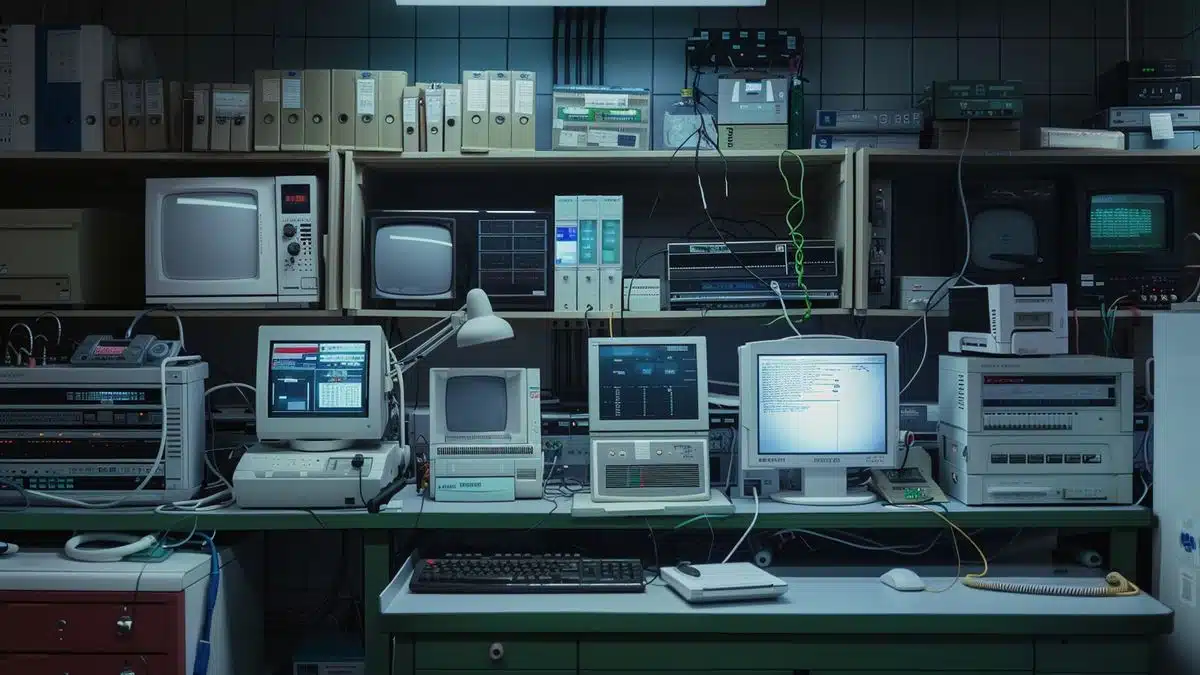 Laboratorium komputerowe z różnymi maszynami i komunikatami o błędach na ekranach.