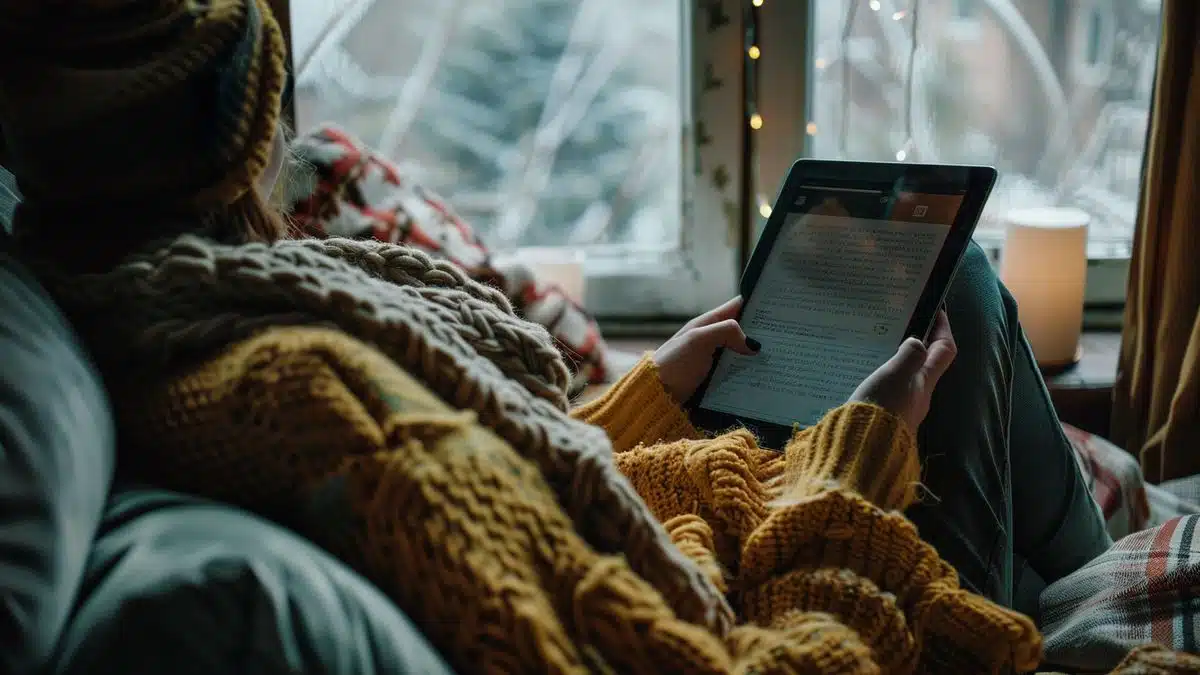 Person reading atch blog on a tablet in a cozy setting.